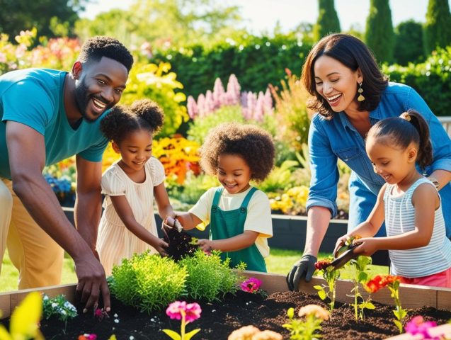 una fotografia de una familia reformando el jardin