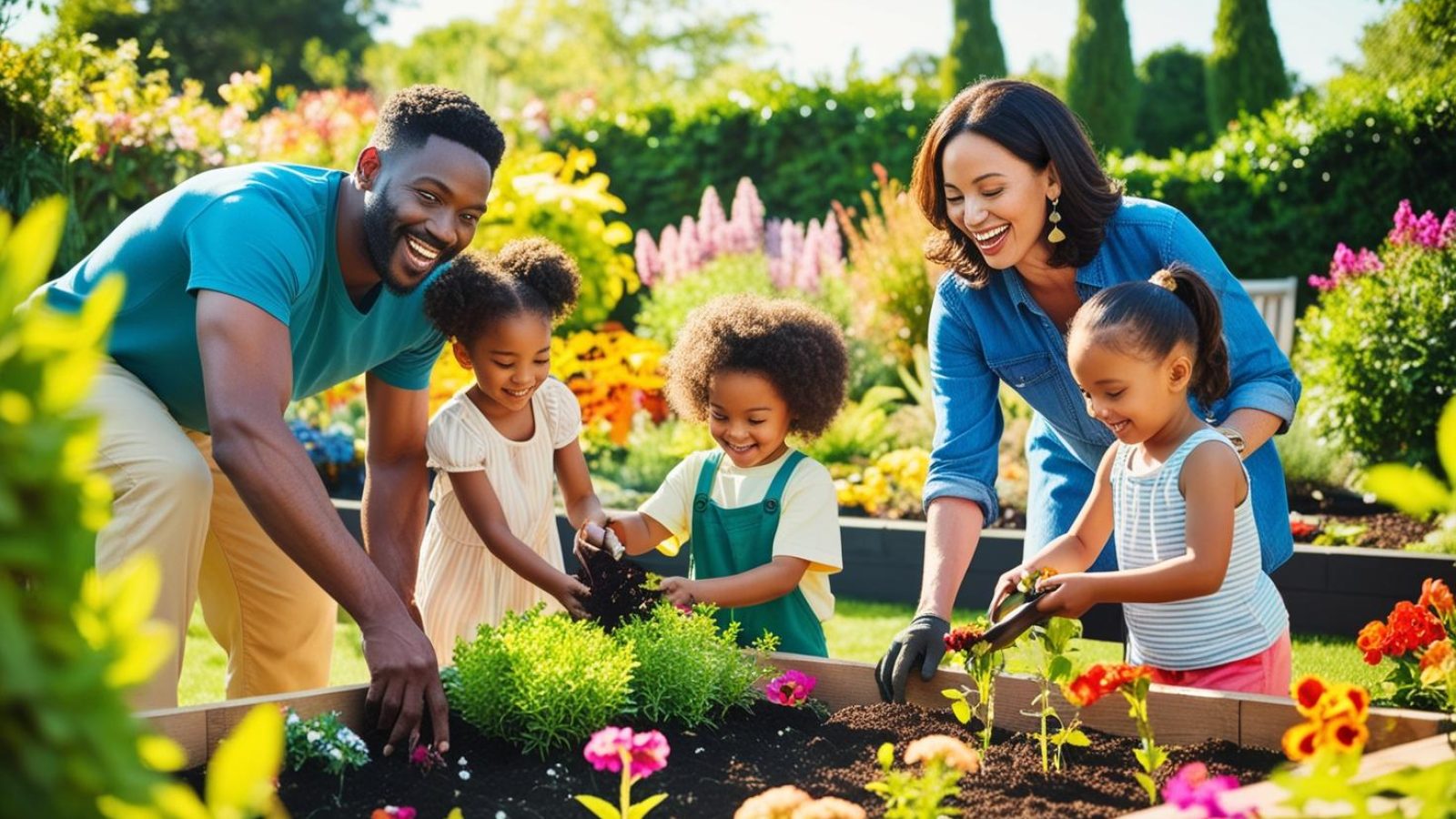 una fotografia de una familia reformando el jardin